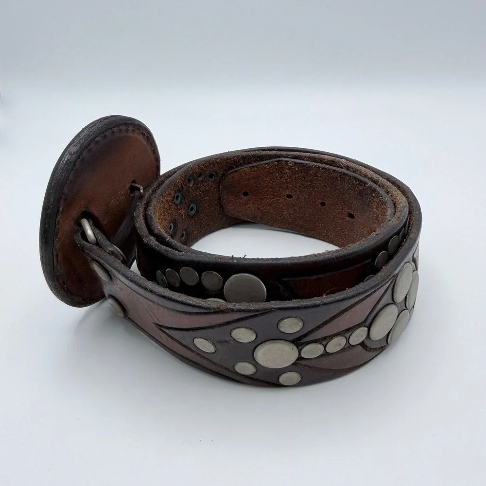 Vintage 1974 Handmade Studded Leather Belt Hand Painted Eagle Buckle Brown